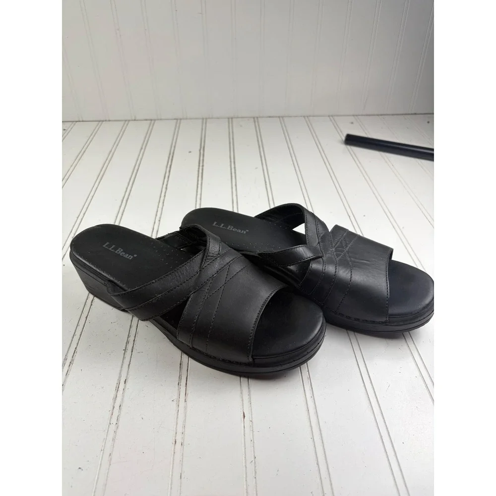 L.L.Bean Vintage Y2K Black Leather Slide On Wedge Sandals Women's Size 40 US 8.5